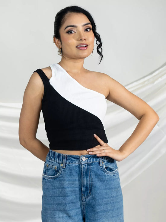 Black And White One Shoulder Tank Top