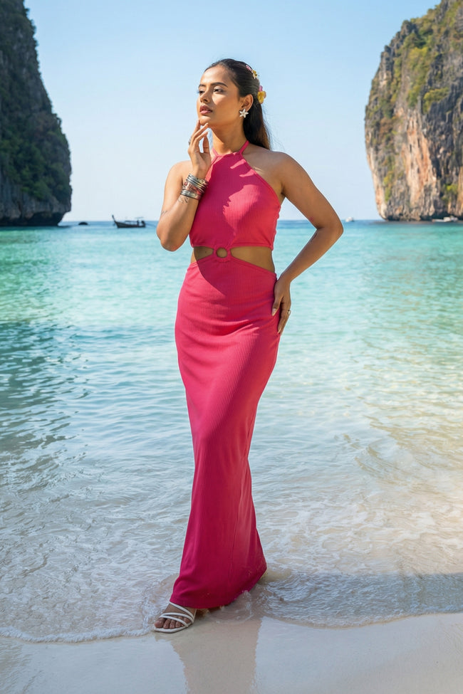 Fuchsia Ring-Detail Bodycon Maxi Dress Hover Image