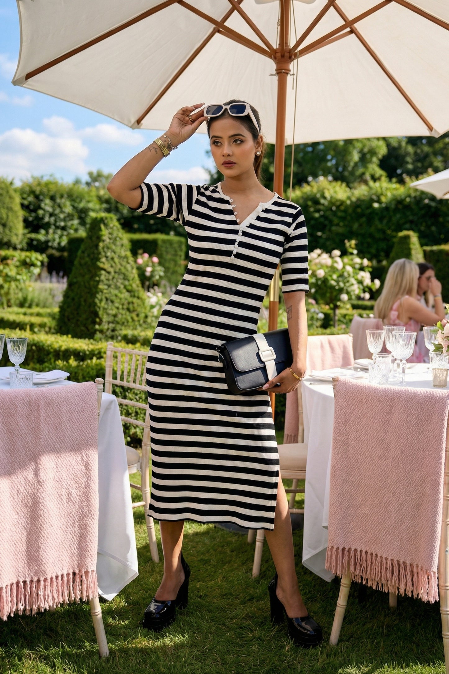 Stripe Pearl detail bodycon dress