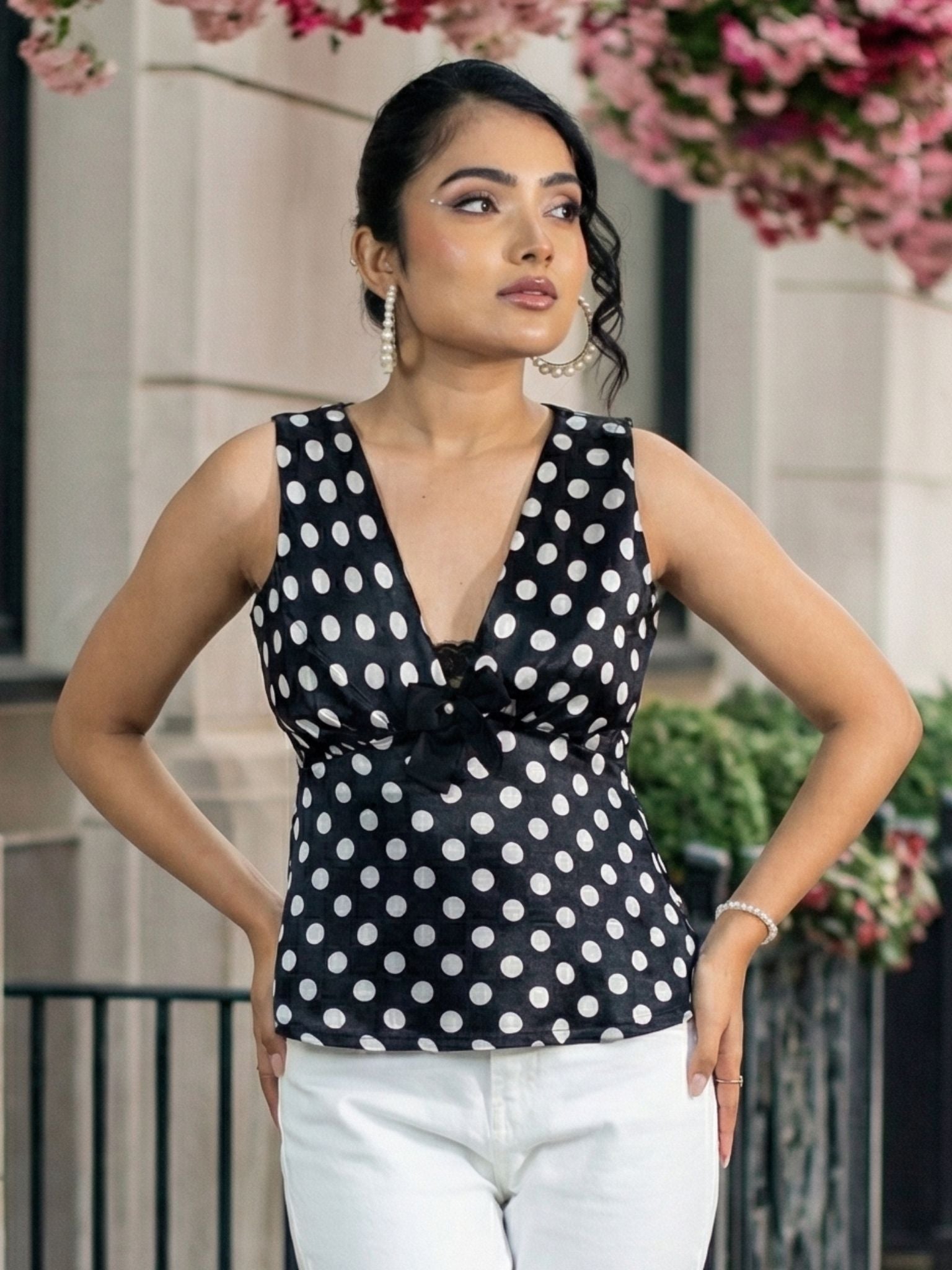 Polka dot top and Side Slit Zipper Skirt Co-ord Set