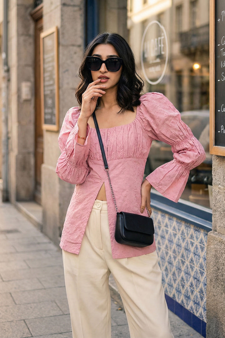 Pink Schiffli Peplum Top