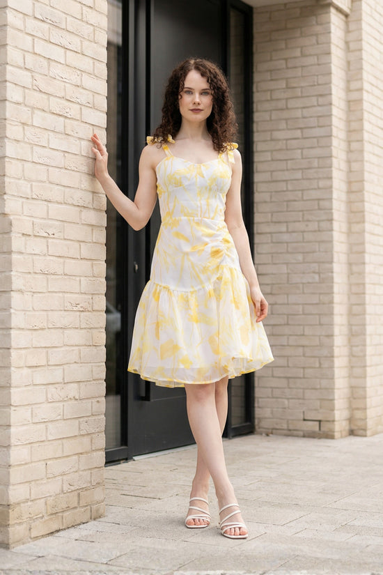 Yellow Organza Printed Mini Dress