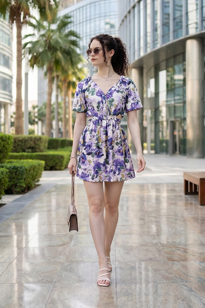 Blue Floral Print Waist Cut Out Dress