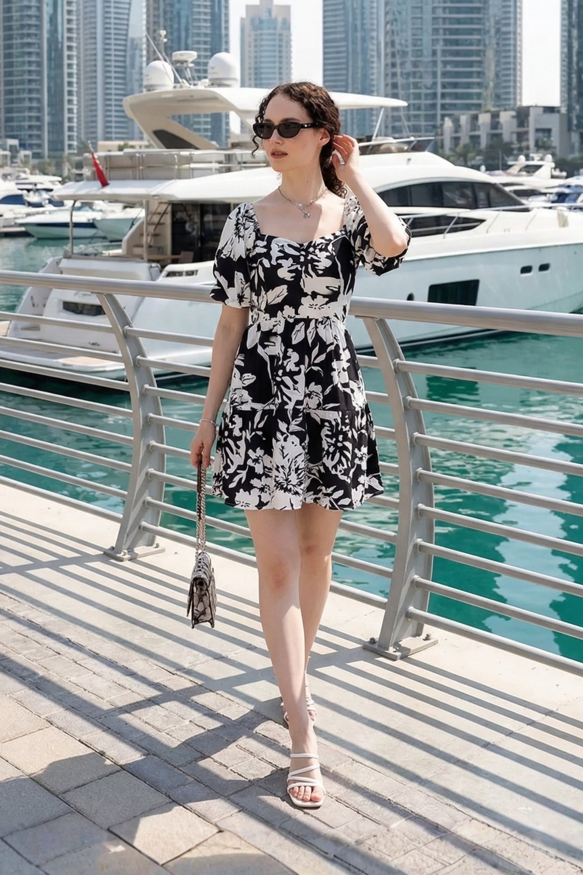 Black Floral Print Back Dori Mini Dress