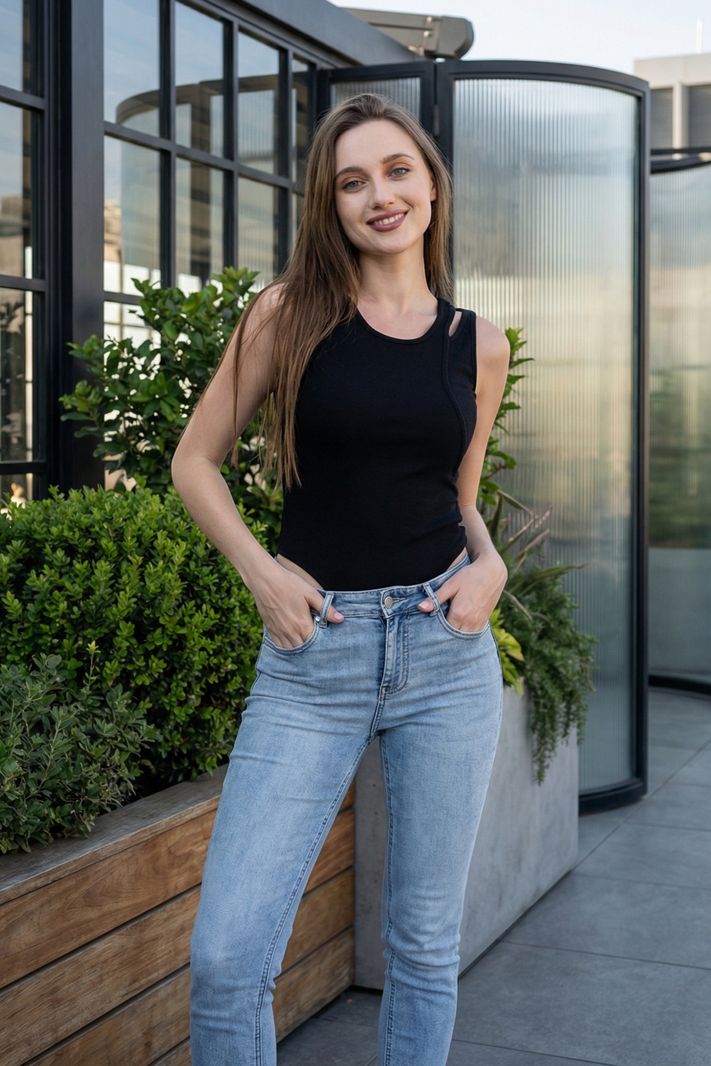 Black One Cut Shoulder Bodysuit