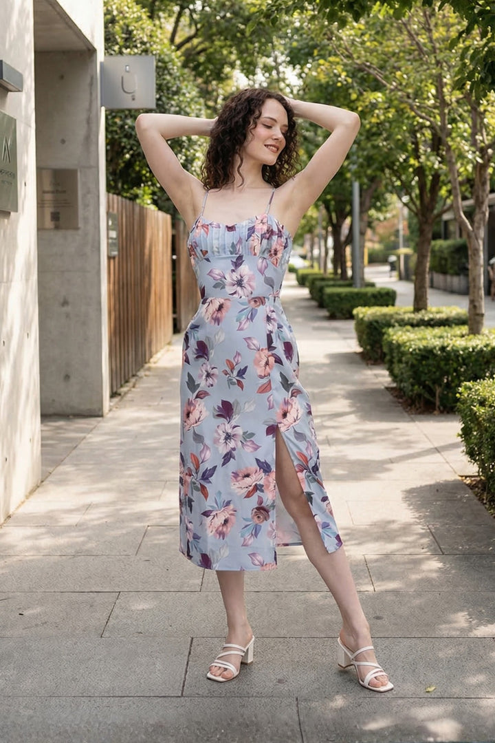 Blue Front Pleat Midi Dress