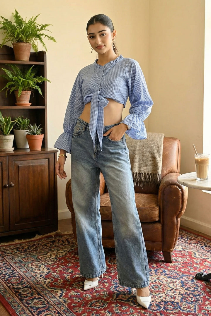 Blue Check Crop Tie Top