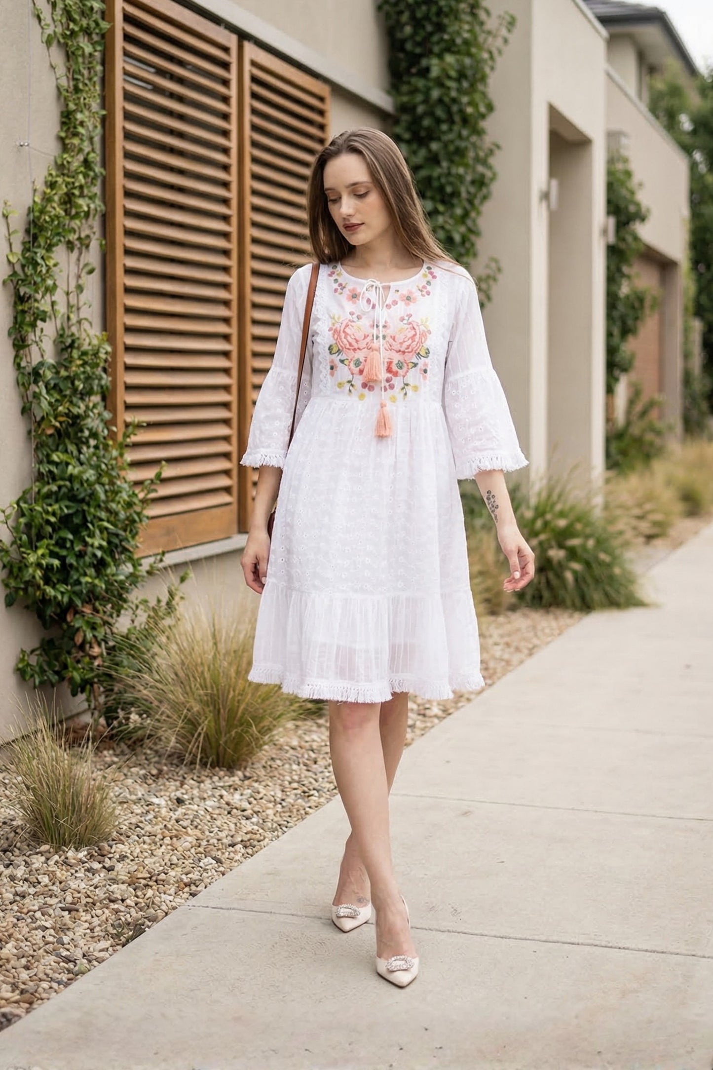 White Embroidered Bell Sleeves Tasseled Fit And Flare Dress