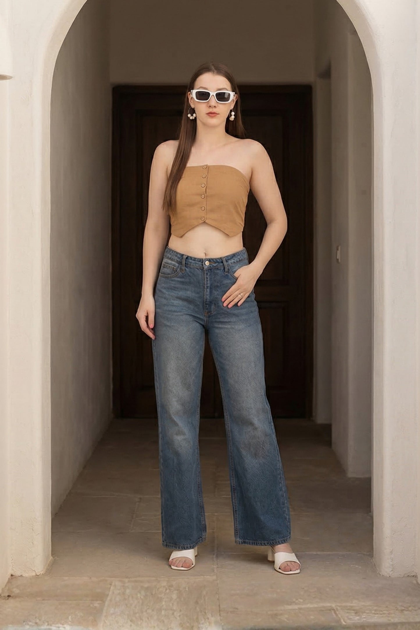 Beige Button Tube Top
