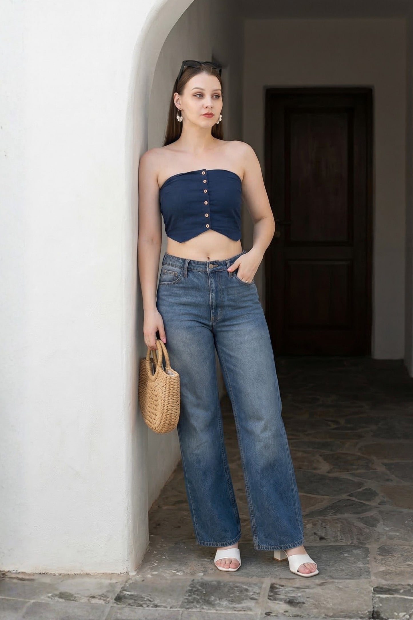 Navy Button Tube Top