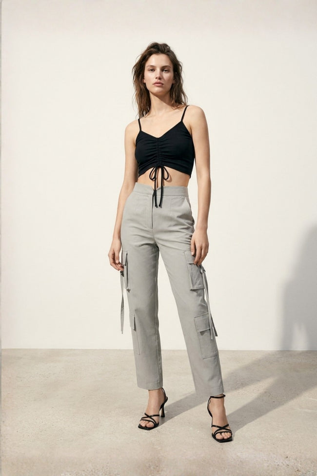 Ruched Crop Top & High-Waisted Cargo Pants Co-Ord Set Hover Image
