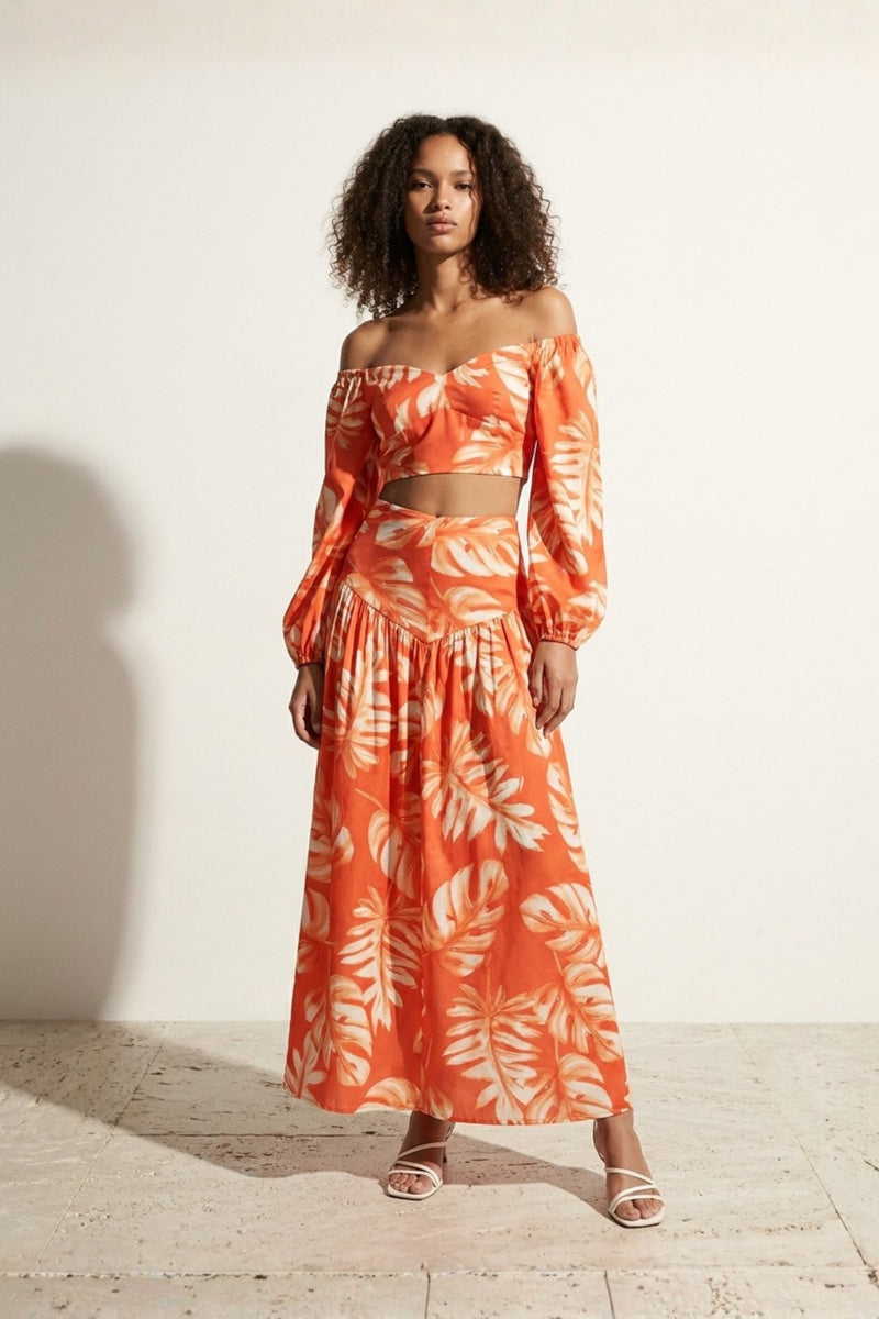 Orange Leaf Print Top With Skirt Cord Set