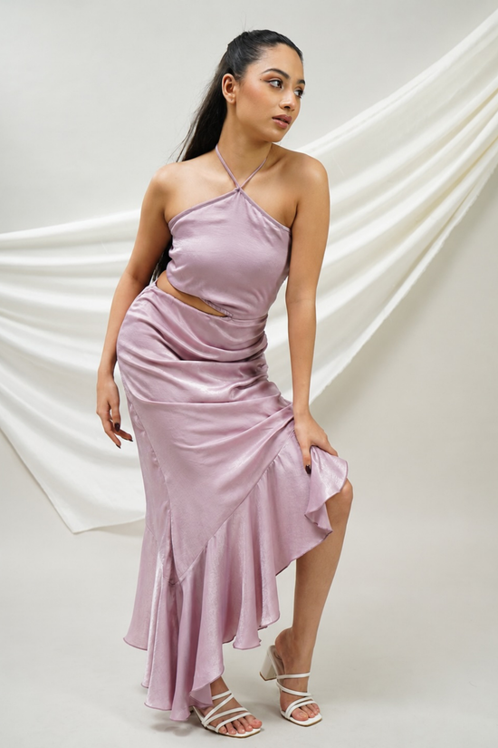 Blush Satin Draped Ruffled Dress