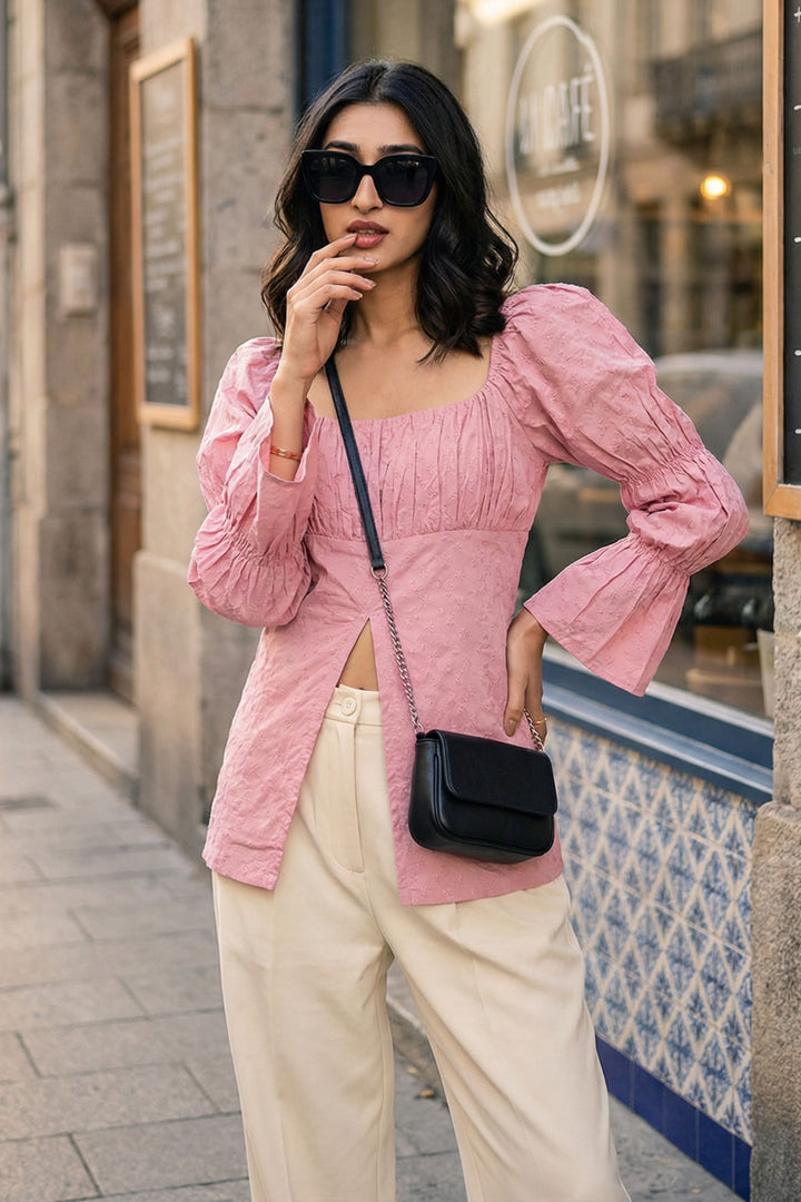 Pink Schiffli Peplum Top
