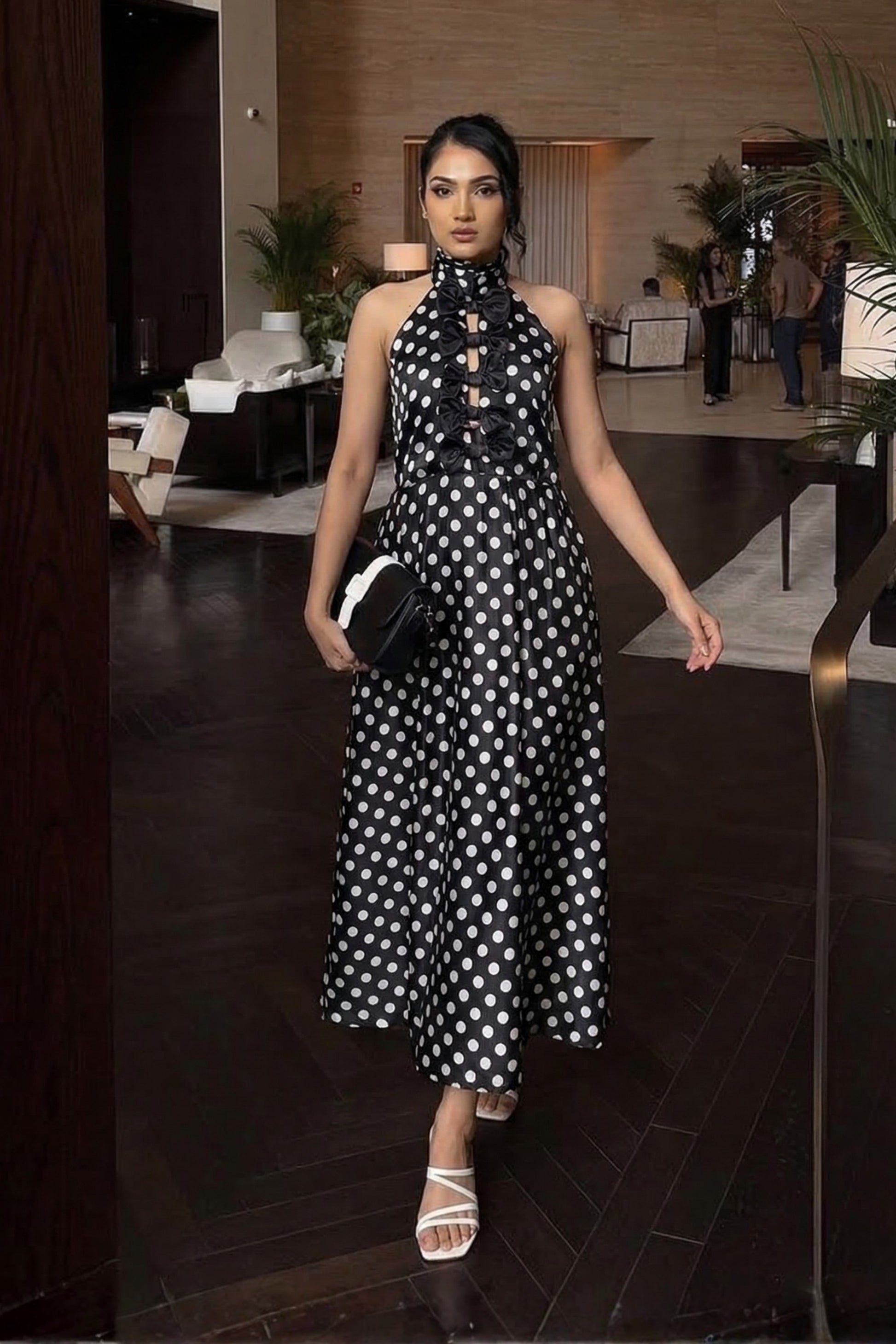 Polka Halter- Neck Bow Midi Dress
