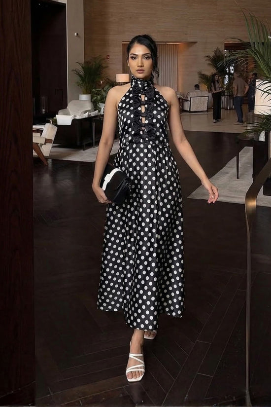 Polka Halter- Neck Bow Midi Dress