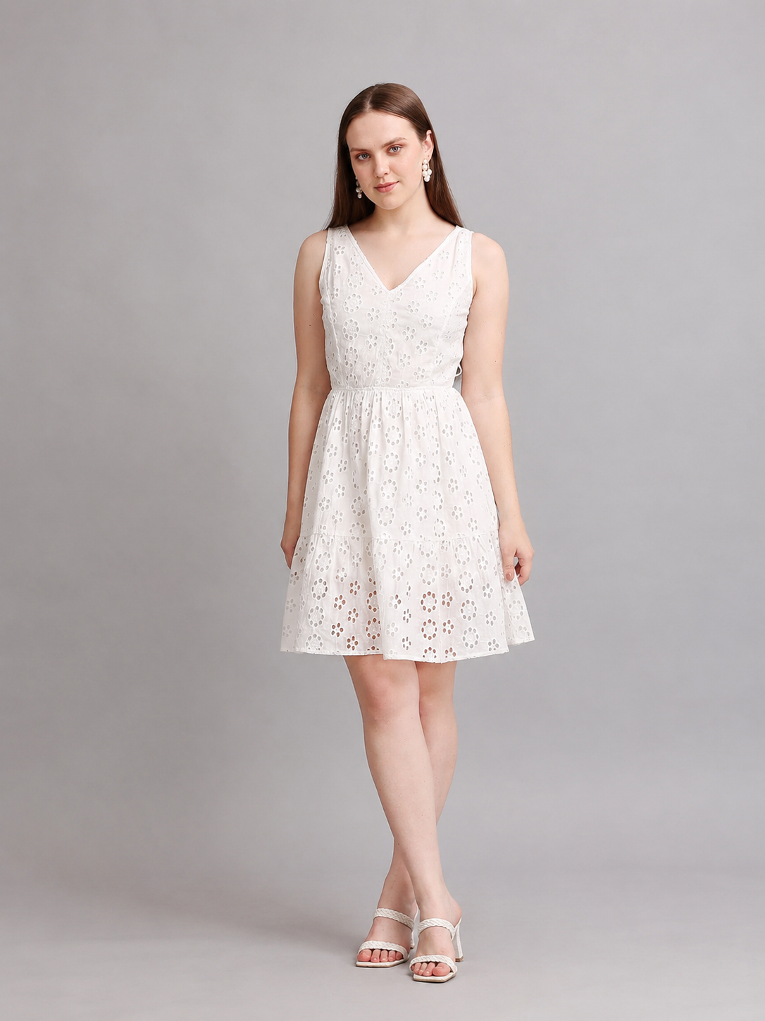 White Schiffli Side Cutout Mini Dress