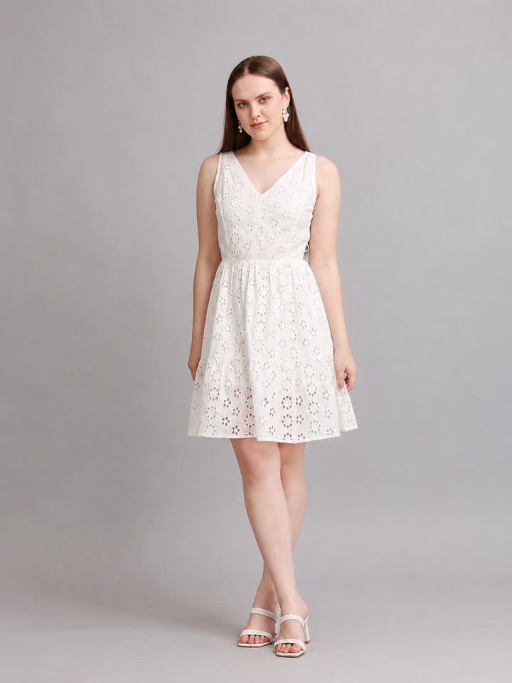 White Schiffli Side Cutout Mini Dress