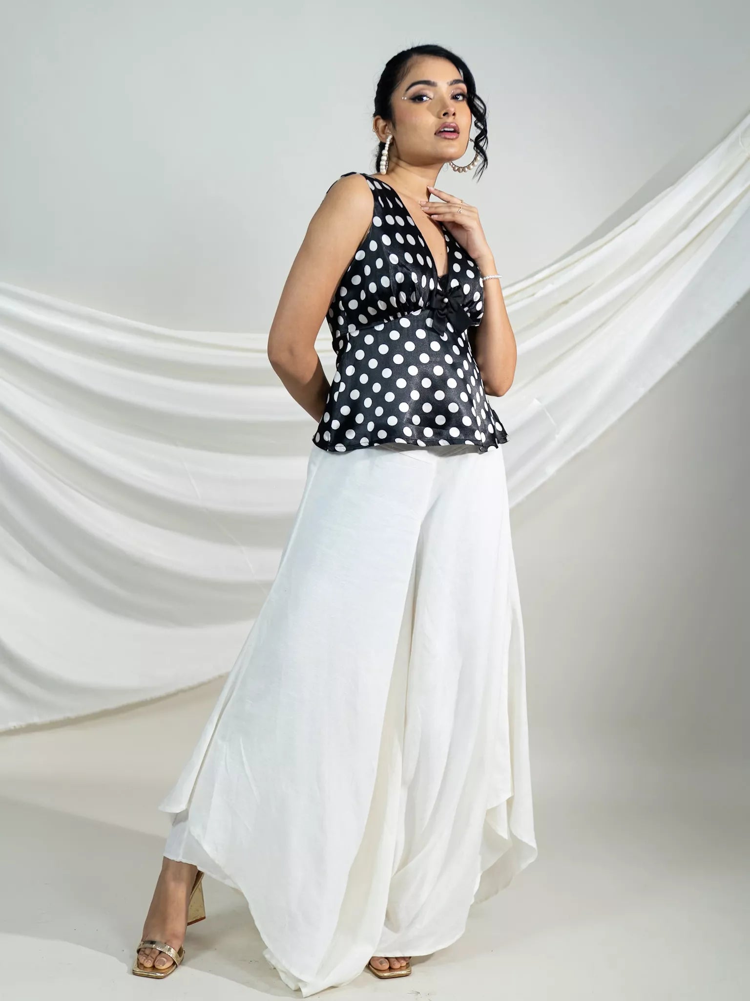 Polka V Neck Peplum Top