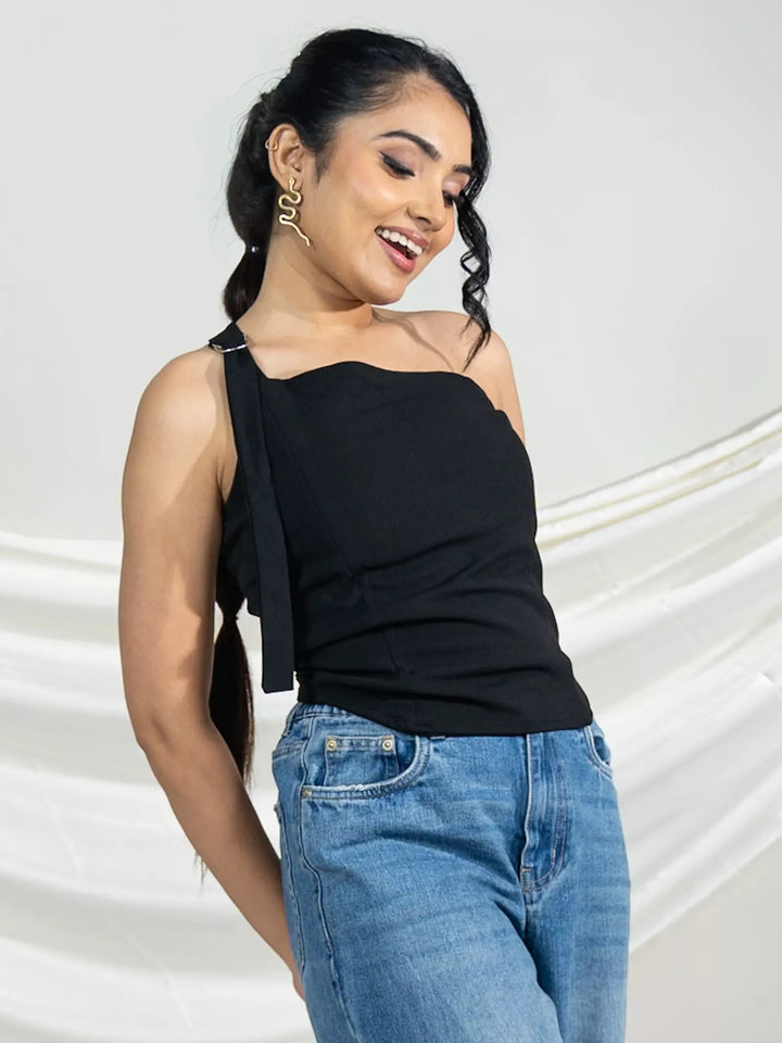 Black One Shoulder D Ring Top