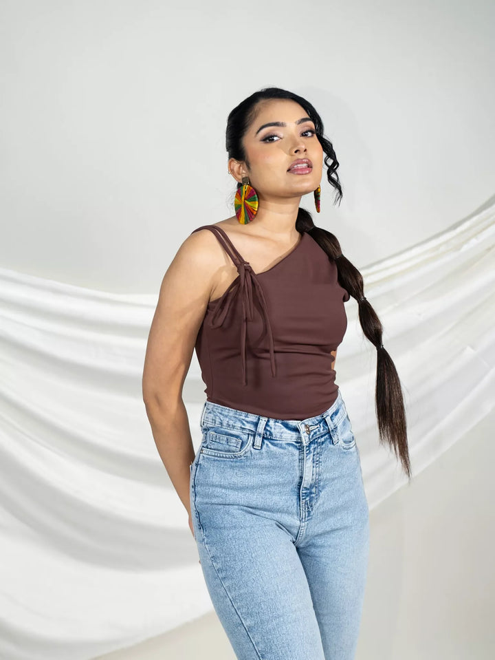 Brown One Shoulder Tie Top