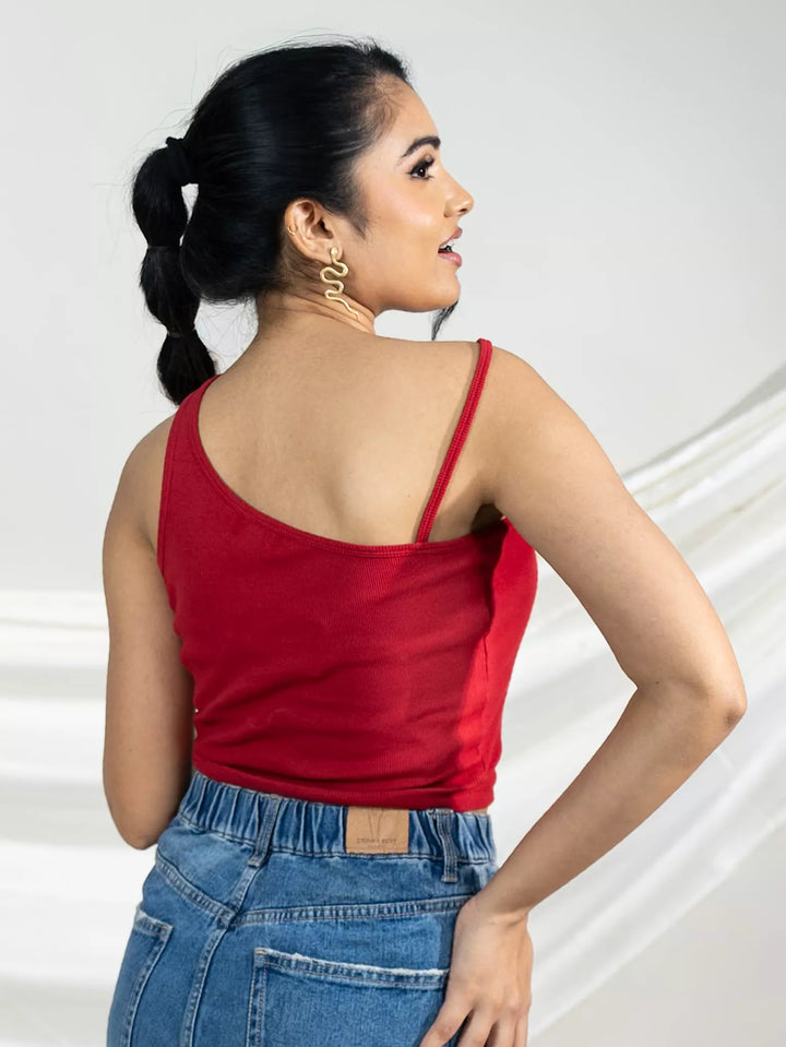 Red One Shoulder Rib Tank Top