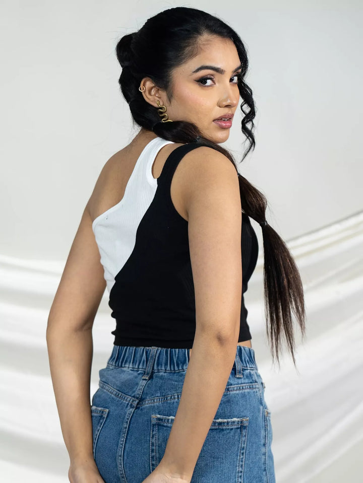 Black And White One Shoulder Tank Top