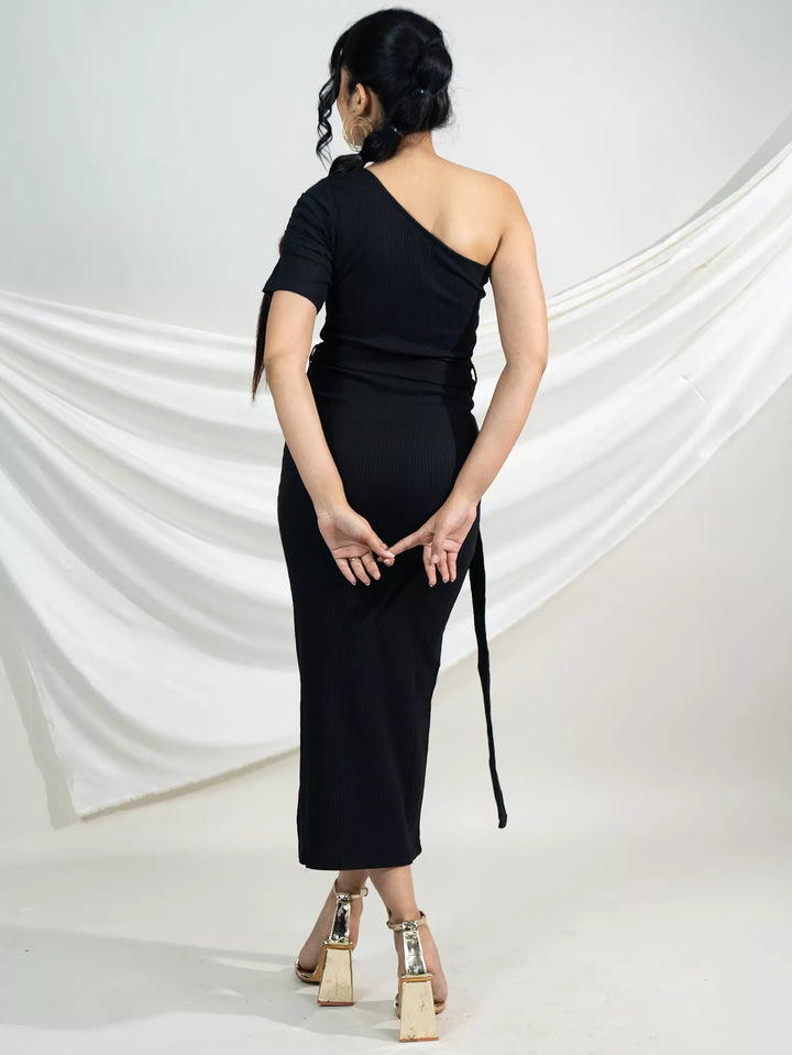 Black One Shoulder Rib Bodycon Dress