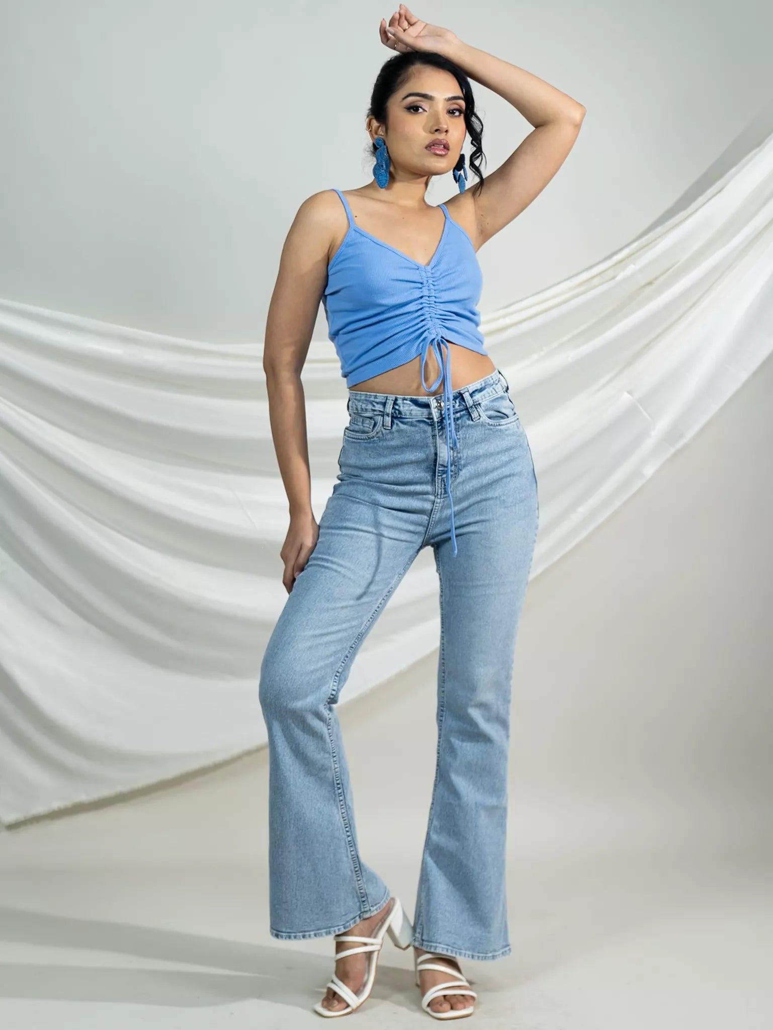 Blue Front Ruched Rib Top