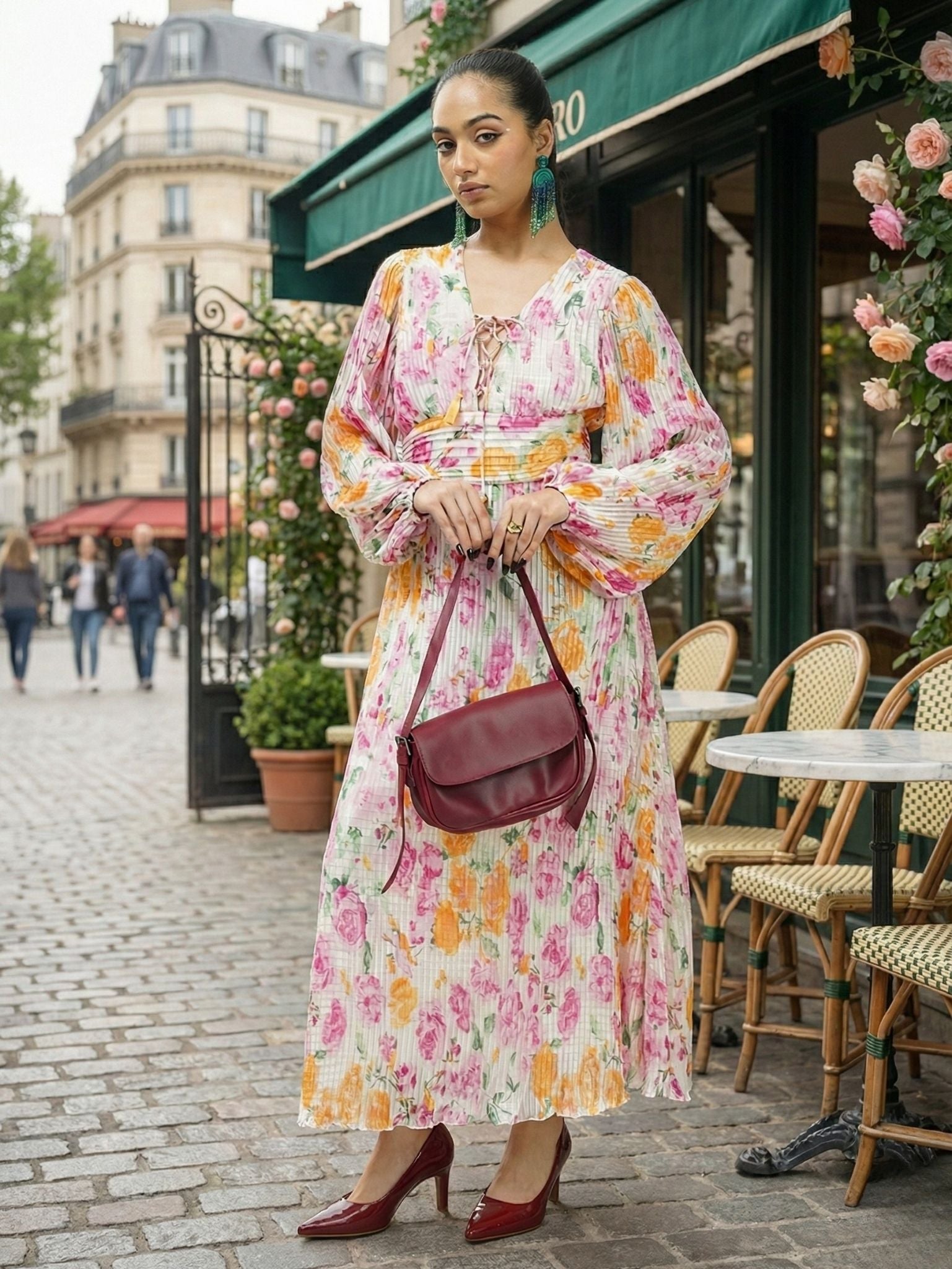 Floral Pleated Maxi Dress with Lace
