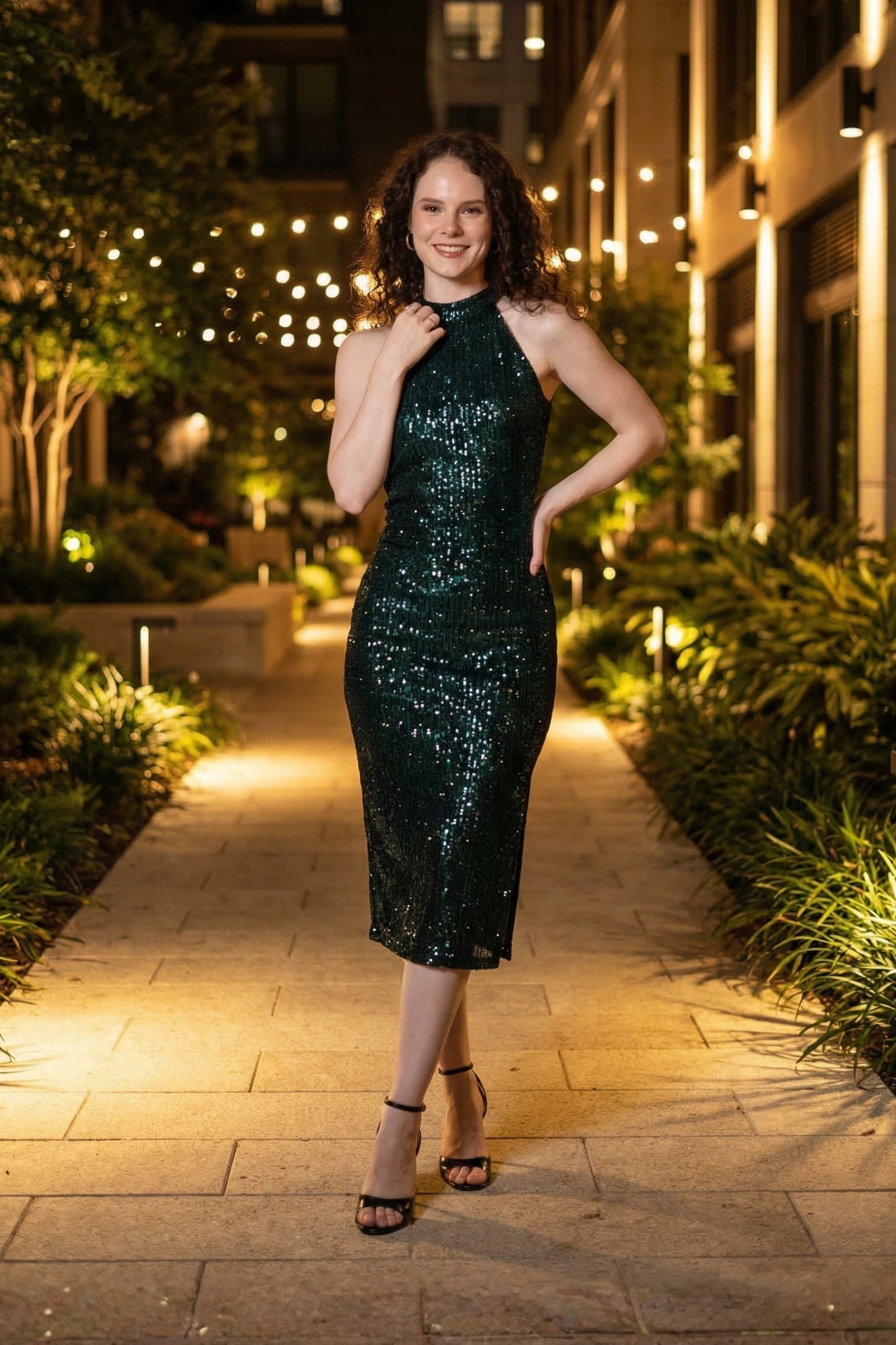 Black And Green Sequins Halter Neck Midi Dress