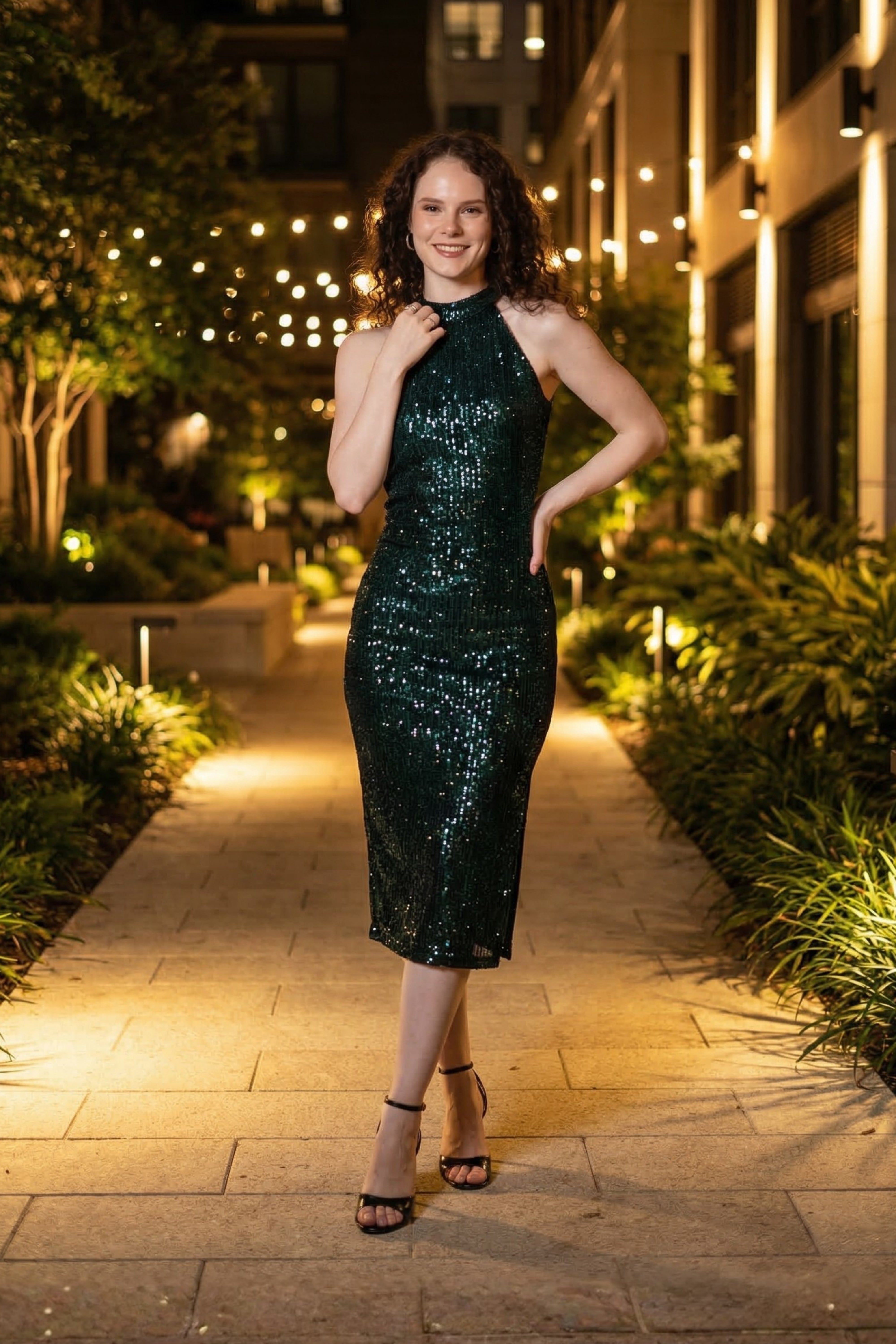 Black And Green Sequins Halter Neck Midi Dress