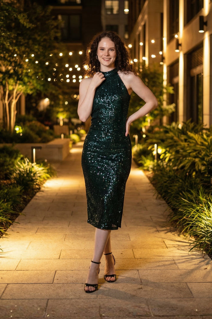Black And Green Sequins Halter Neck Midi Dress
