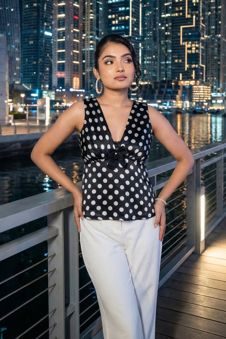 Polka V Neck Peplum Top