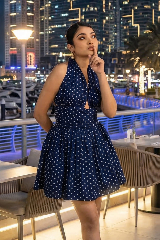 Navy Blue Polka Halter Mini Dress Hover Image