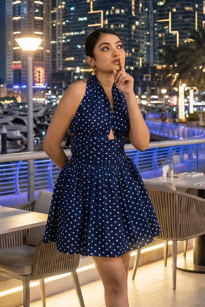 Navy Blue Polka Halter Mini Dress