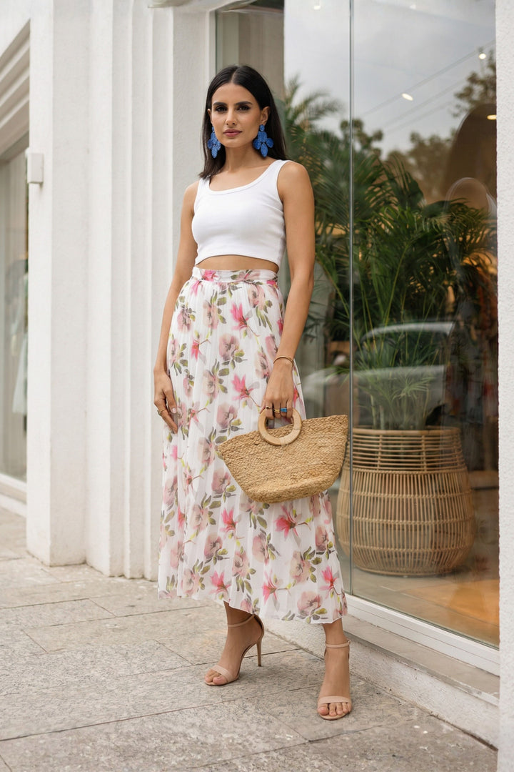 White Printed Plated Skirt