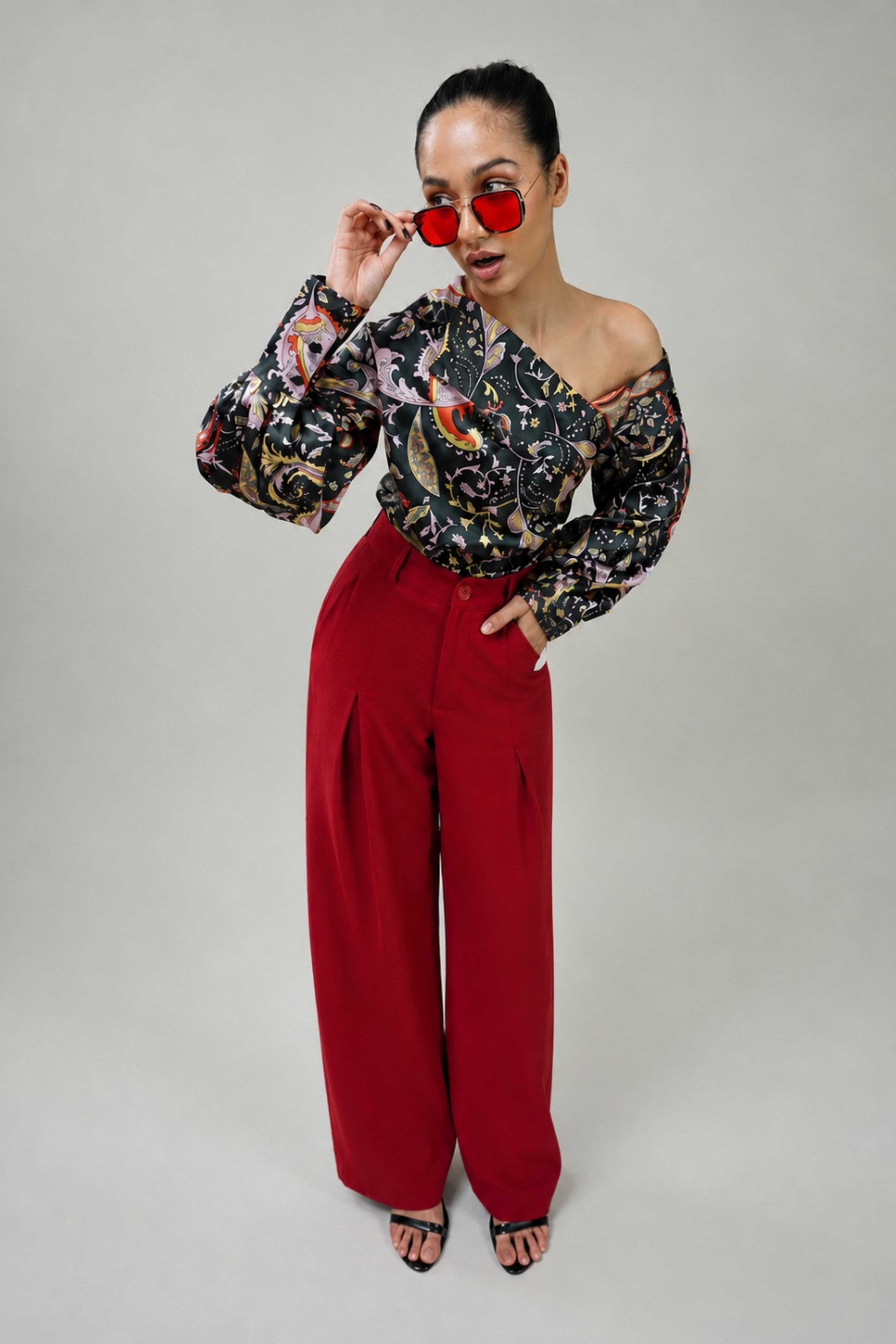 Paisley Satin Top & Front-Pleated Trouser Co-ord Set