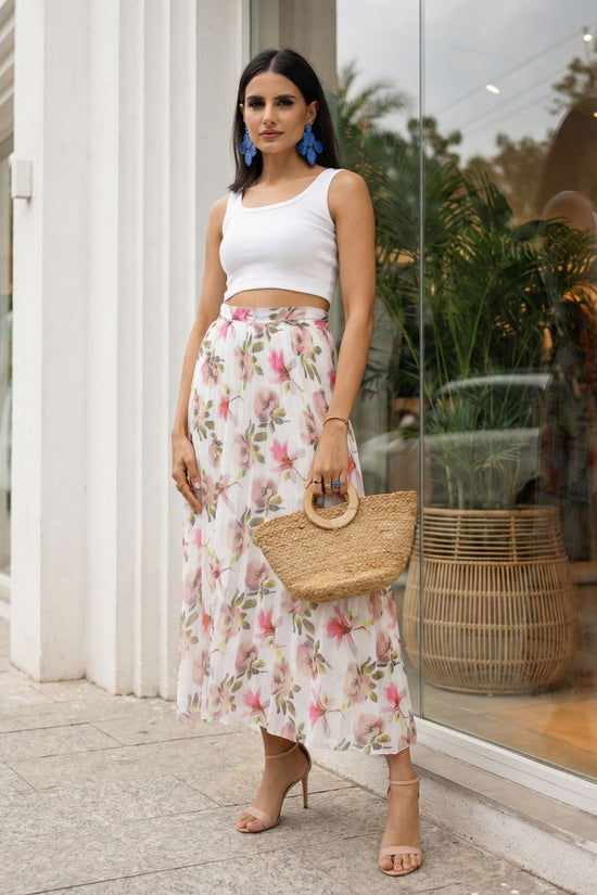 White Printed Plated Skirt