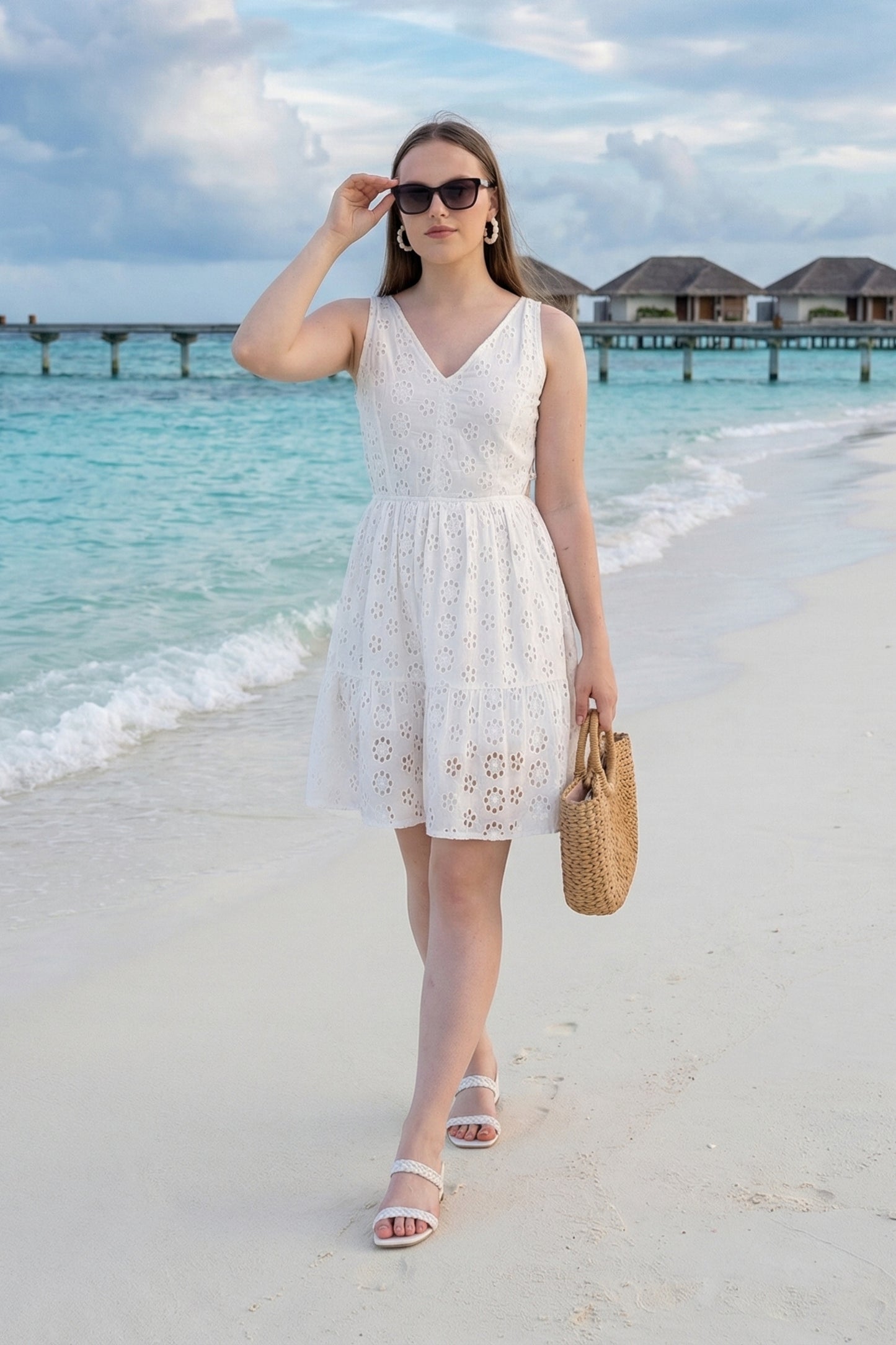 White Schiffli Back Knot Mini Dress