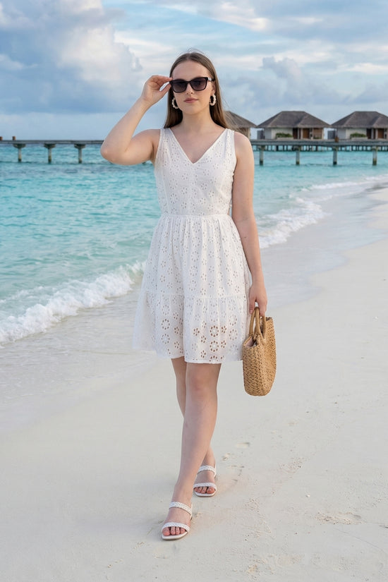 White Schiffli Back Knot Mini Dress
