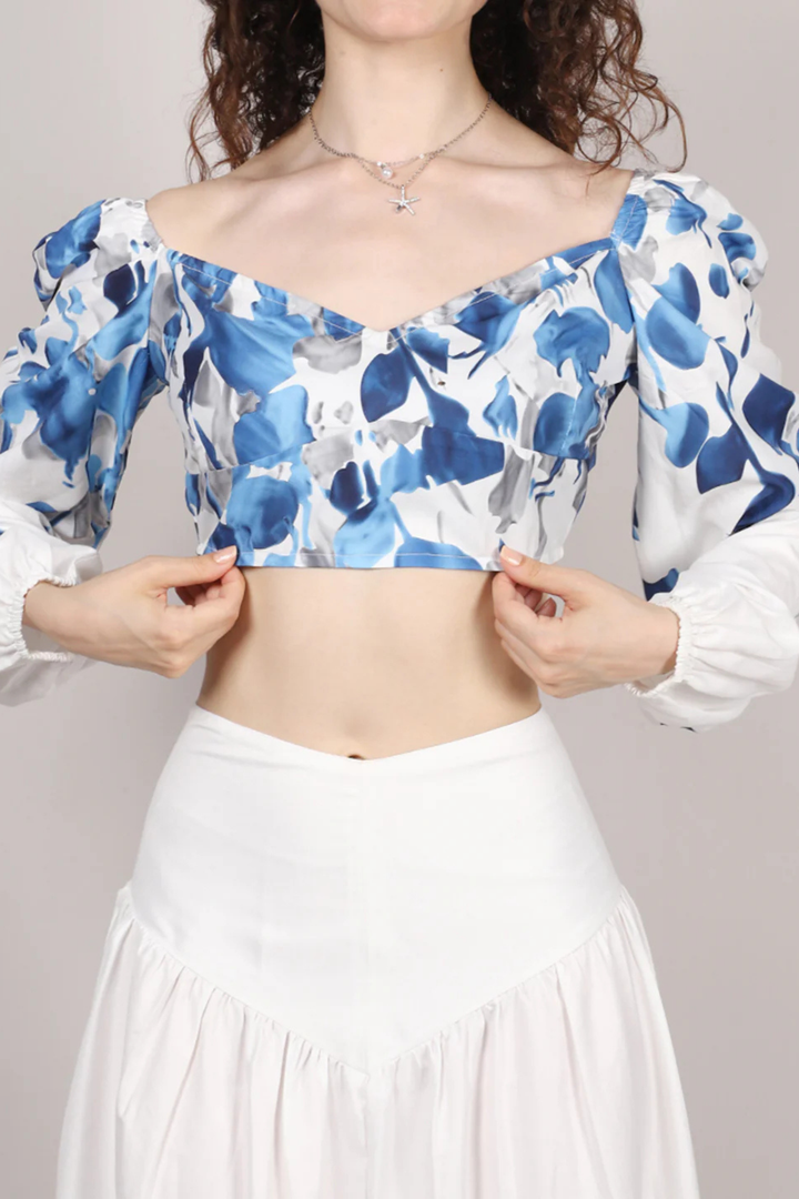 White Leaf Print Top With Skirt Cord Set