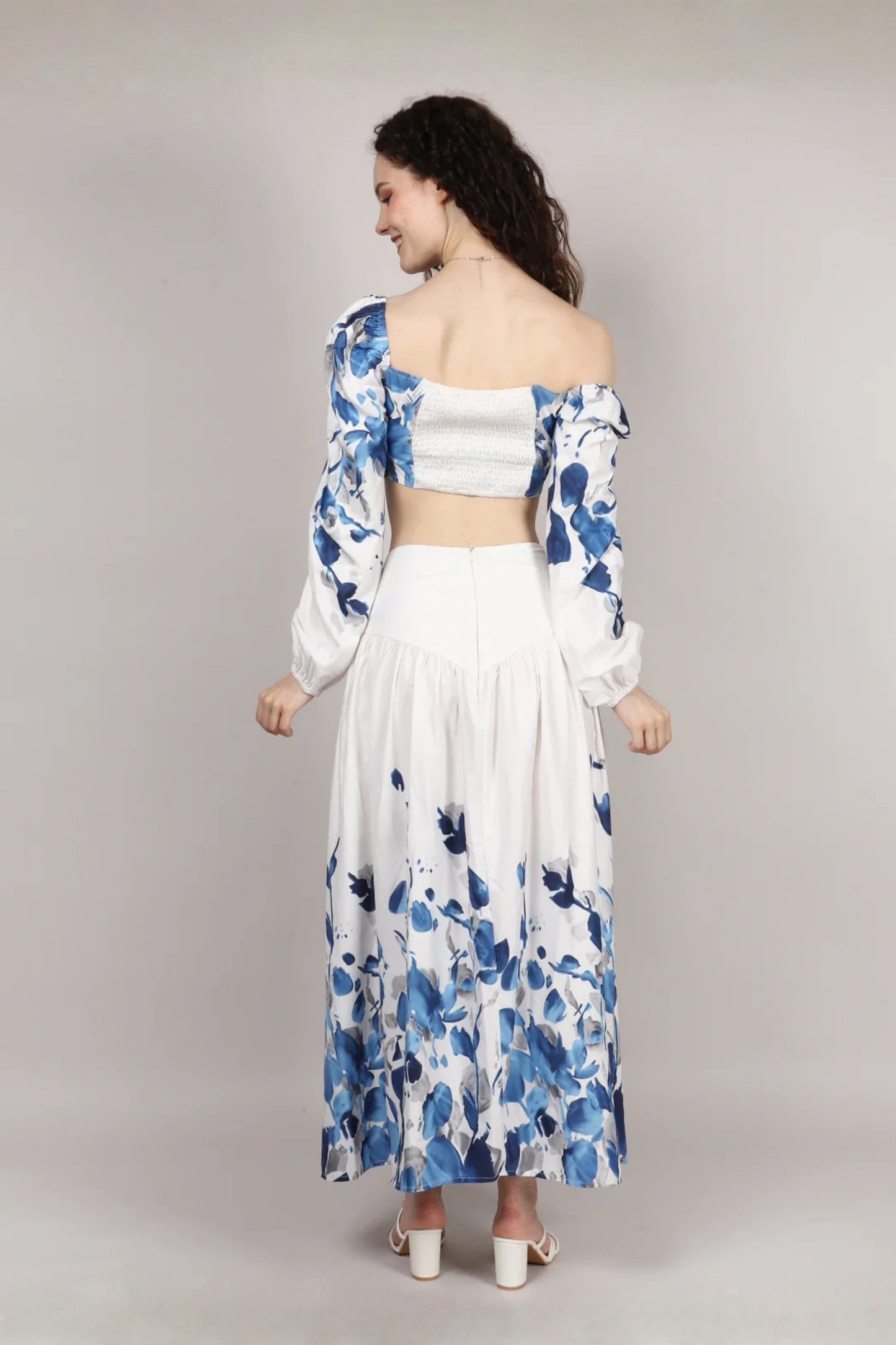 White Leaf Print Top With Skirt Cord Set