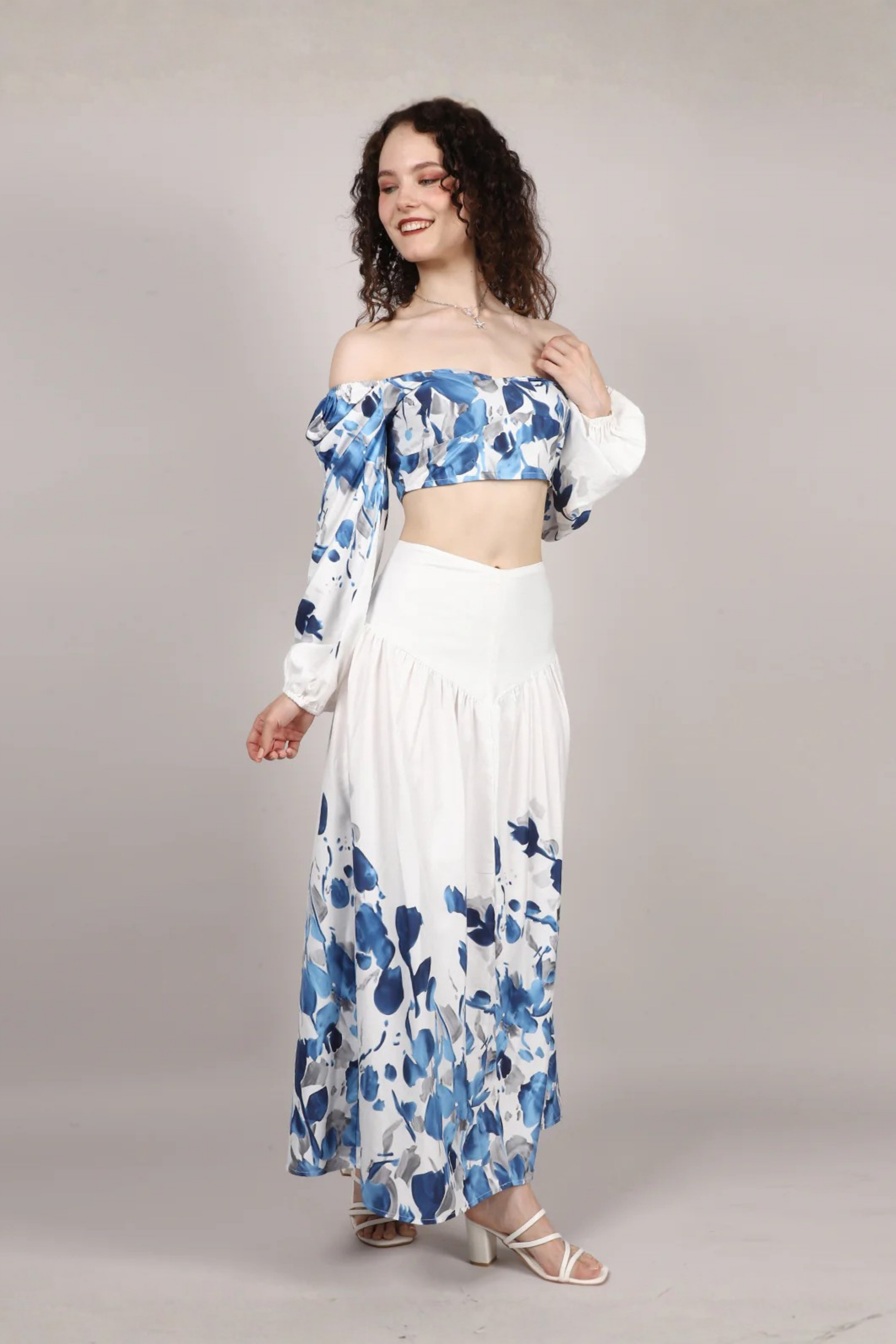 White Leaf Print Top With Skirt Cord Set