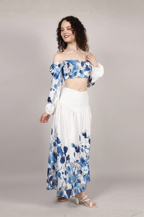 White Leaf Print Top With Skirt Cord Set