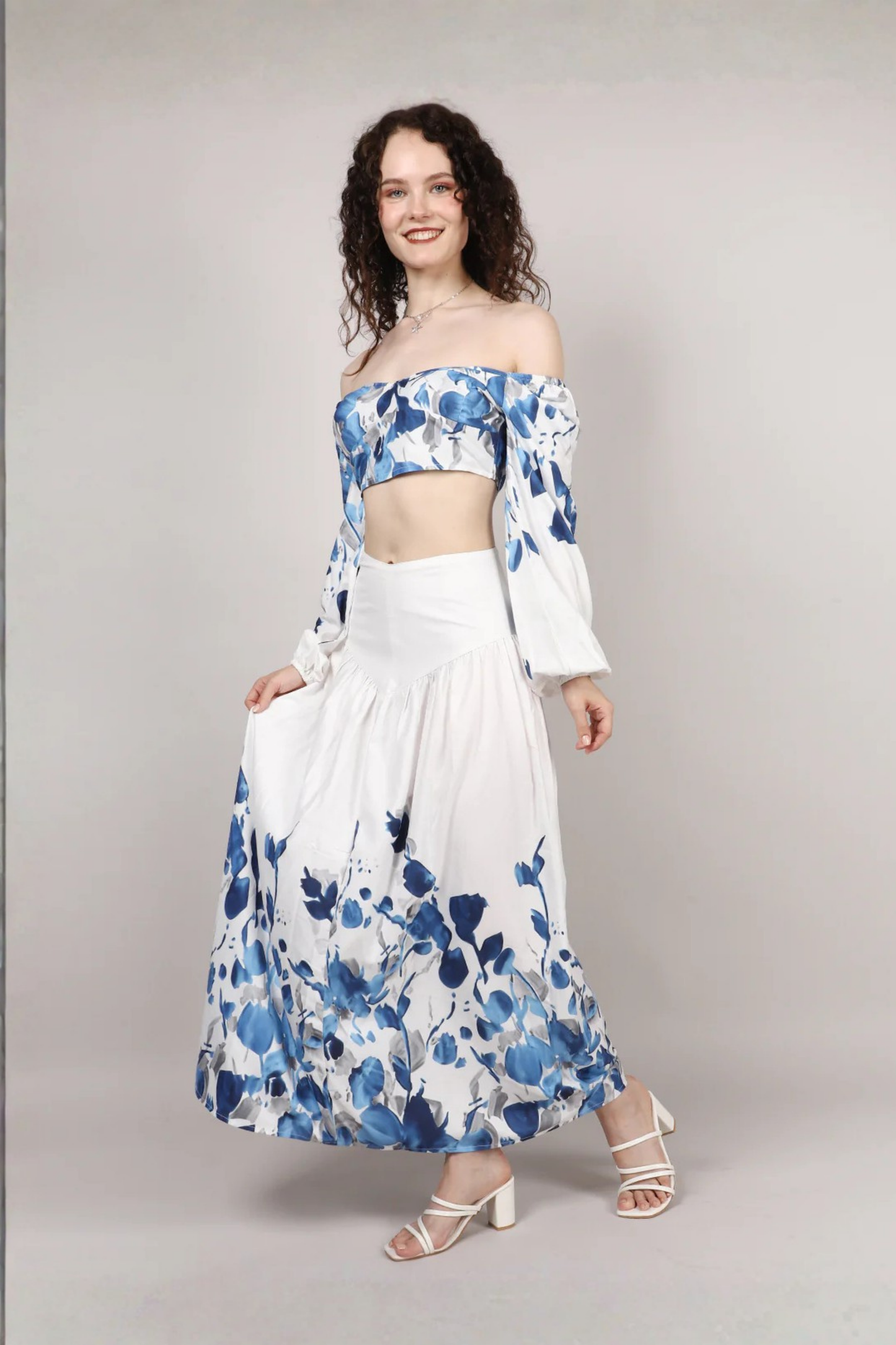 White Leaf Print Top With Skirt Cord Set