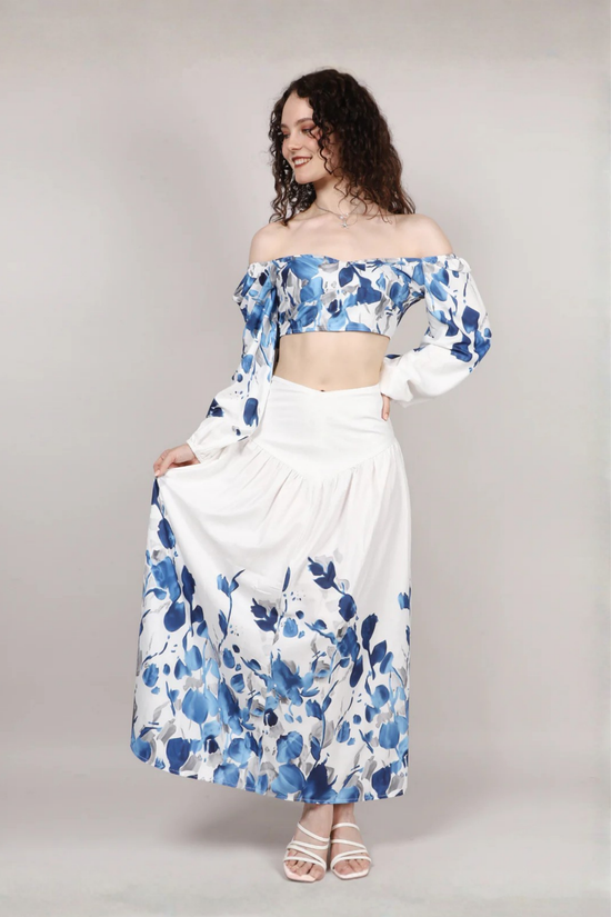 White Leaf Print Top With Skirt Cord Set