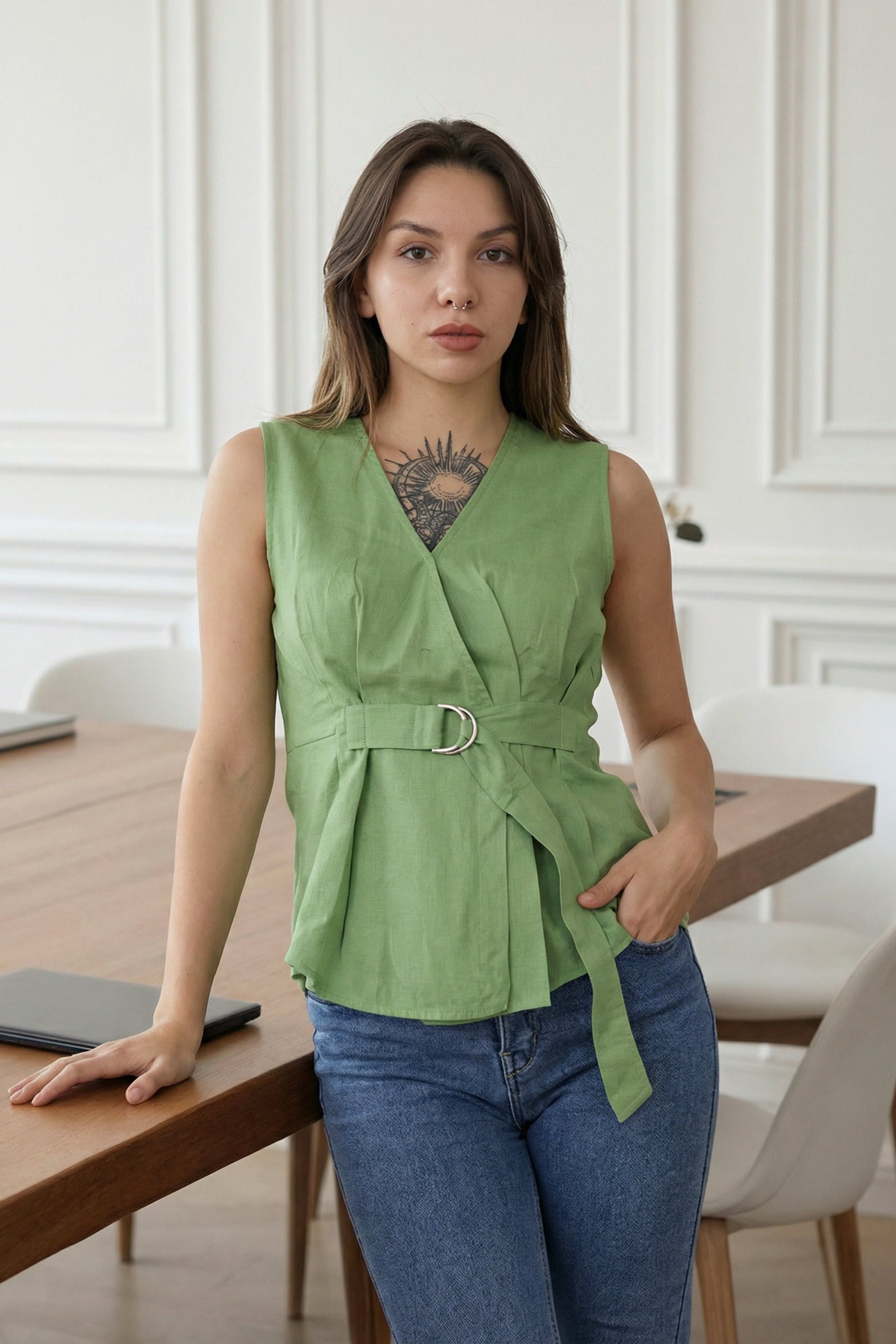 Green Buckel Peplum Top