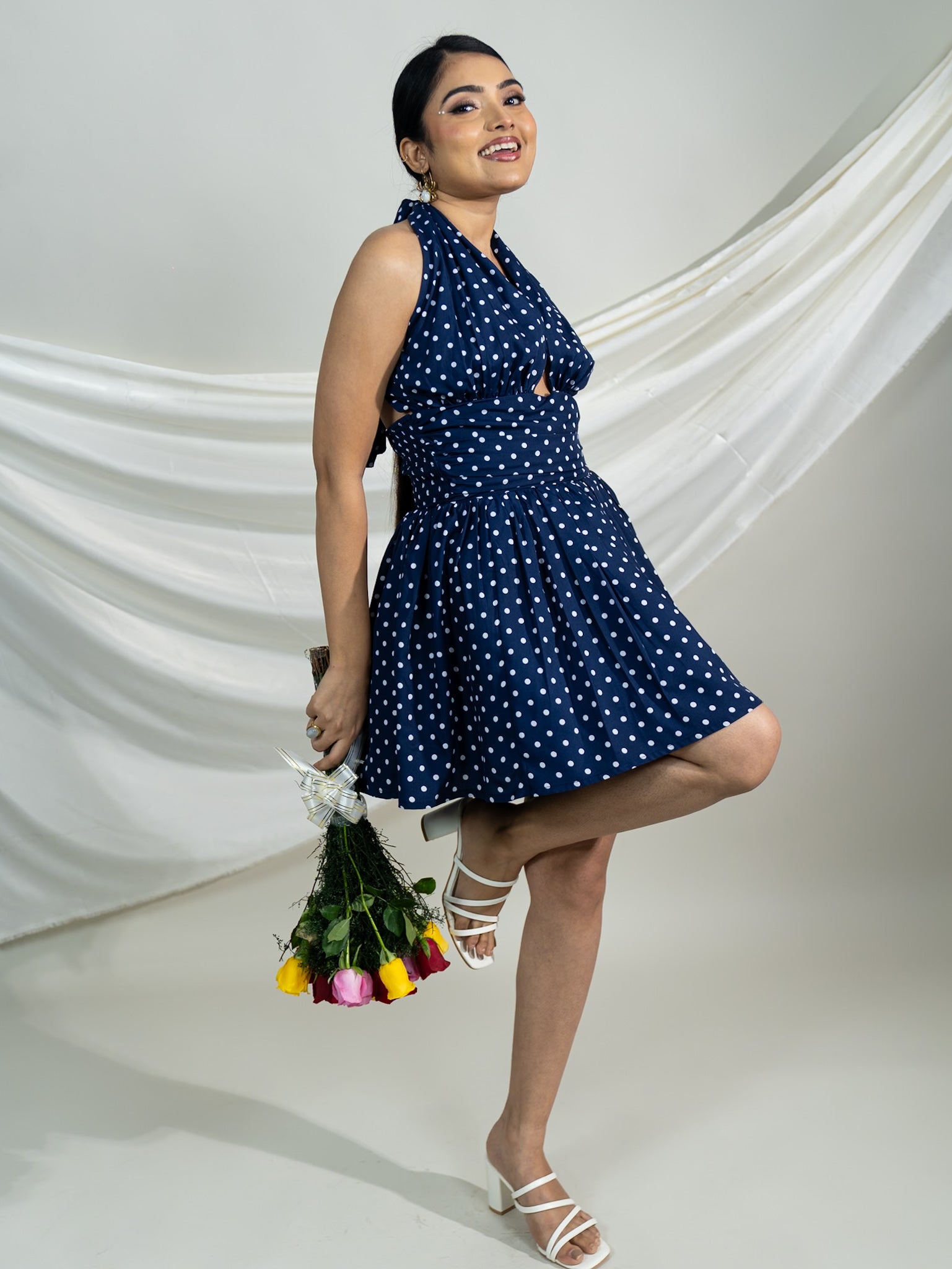 Navy Blue Polka Halter Mini Dress