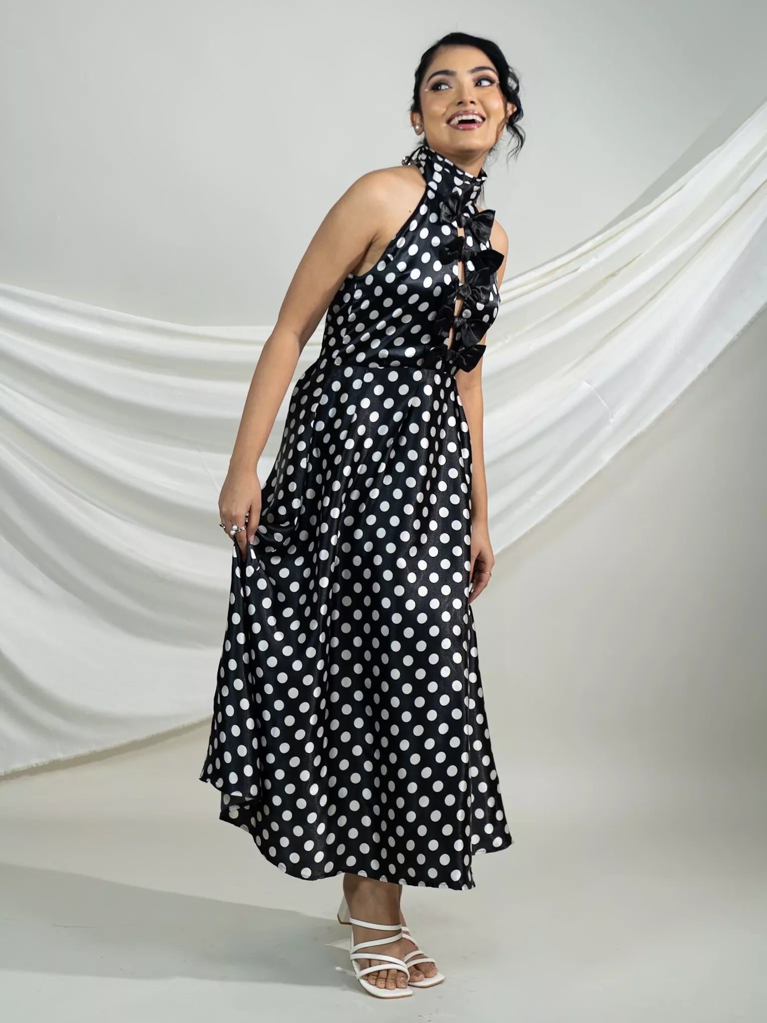 Polka Halter- Neck Bow Midi Dress